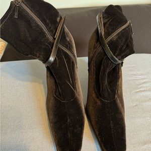 Black velour high heels ankle boots wth rhinestone